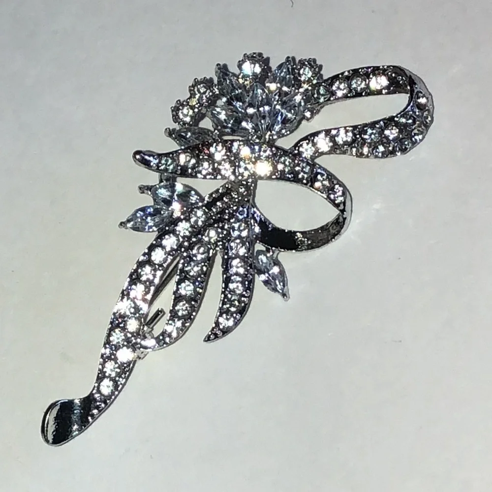 Elegant Silver Tone Floral Rhinestone Boho Brooch